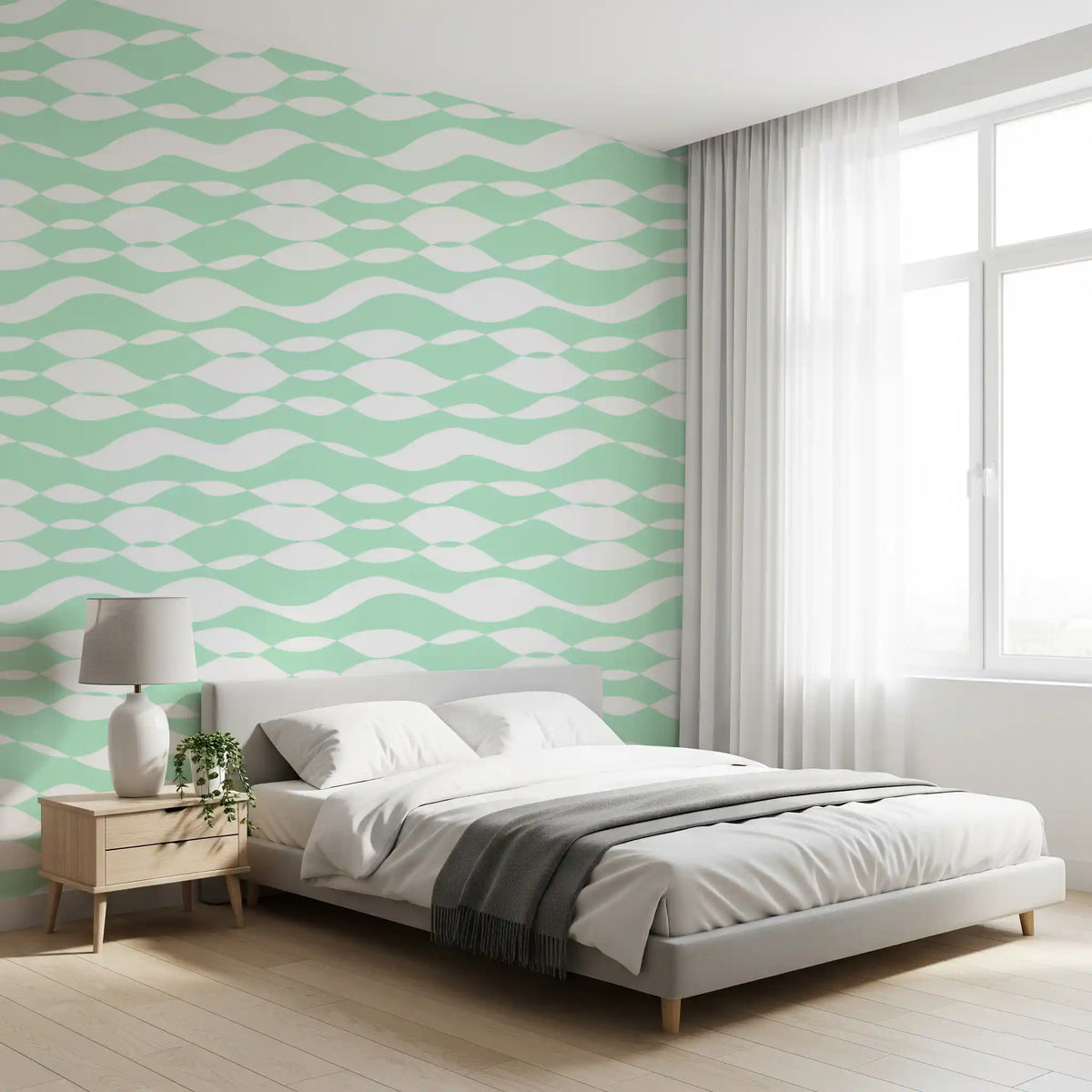 Sage lines ripple through a bedroom area in the wallpaper GD12233