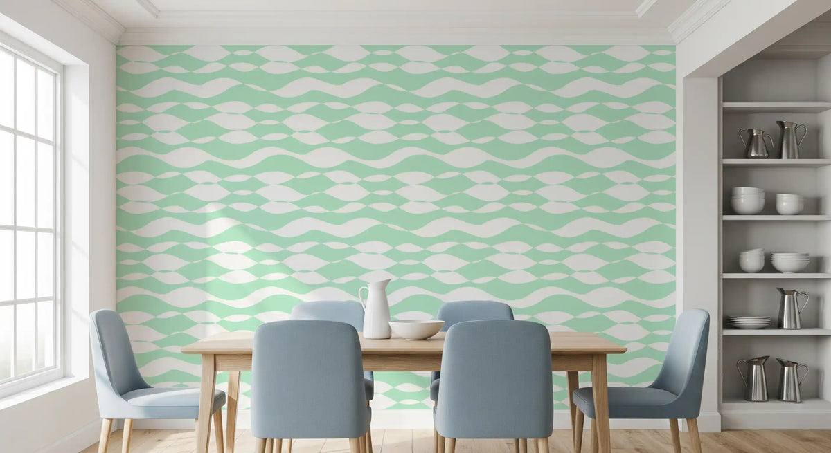 Pale ivory lifts the green waves on this linear wallpaper GD12233
