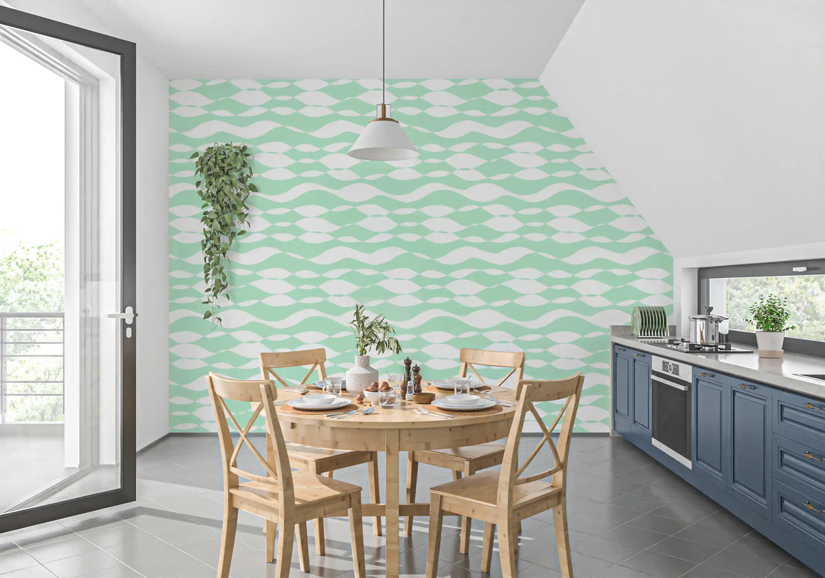 Restful dining room set against the sage wavy pattern wallpaper GD12233