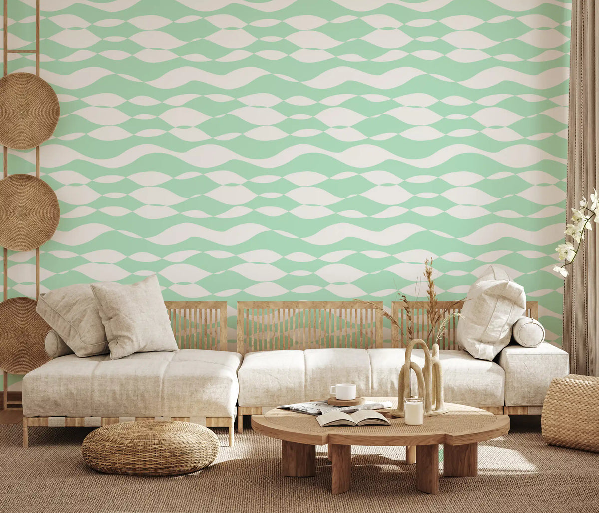 Soft Sage Wavy Linear Pattern Wallpaper lifting a home office GD12233