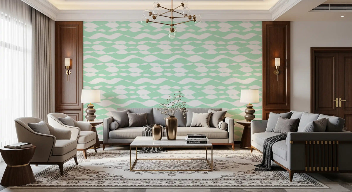 Green waves flow behind a lounge and living room in the linear wallpaper GD12233