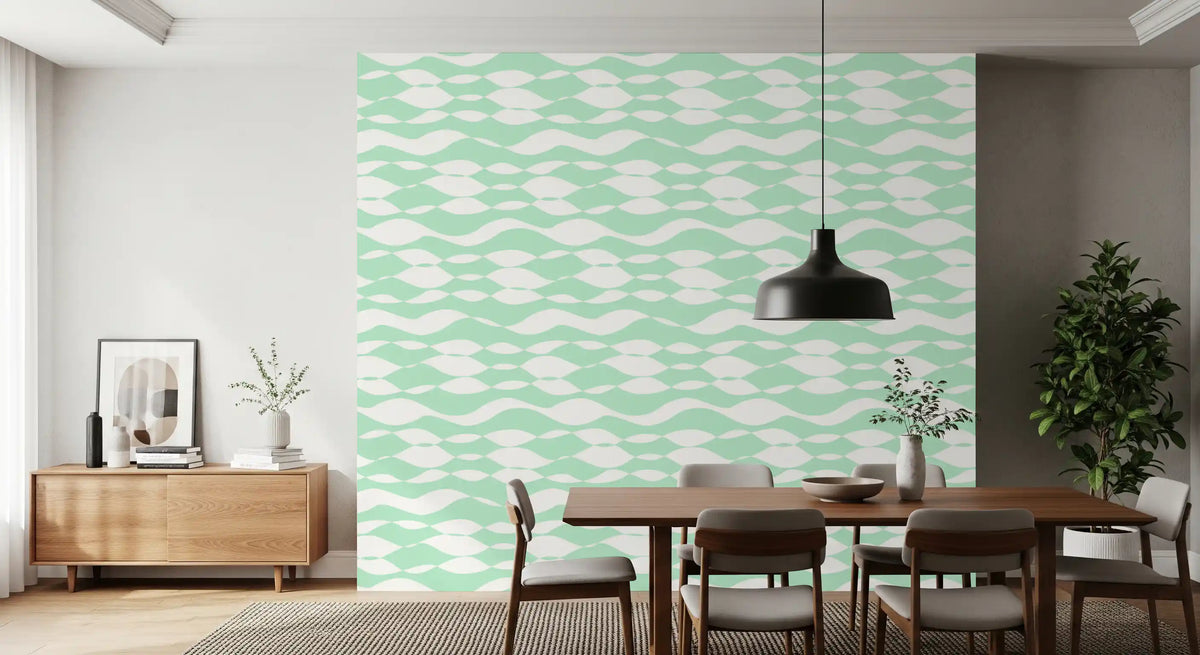 Rippling green lines fill a dining room as linear wallpaper GD12233