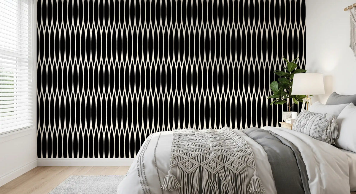 Glossy black arches back a bedroom on this Vertical Lattice wallpaper GD12234
