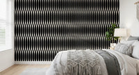 Glossy black arches back a bedroom on this Vertical Lattice wallpaper GD12234
