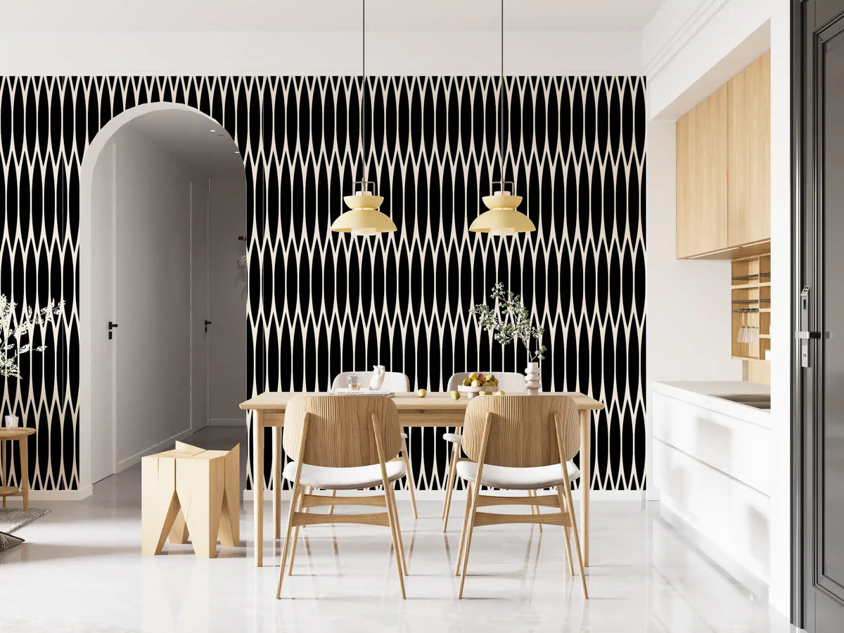 Charcoal columns cover a dining room on this Vertical Arch wallpaper GD12234
