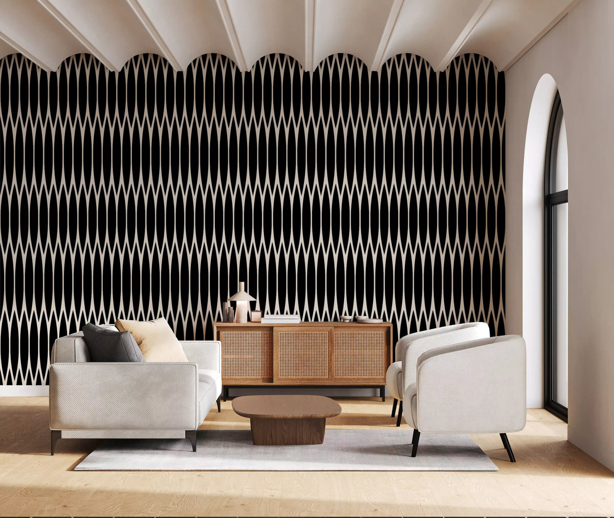 Monochrome columns line a living-dining area in the Arch Lattice wallpaper GD12234
