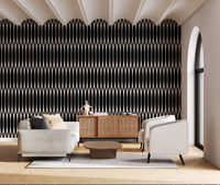 Monochrome columns line a living-dining area in the Arch Lattice wallpaper GD12234
