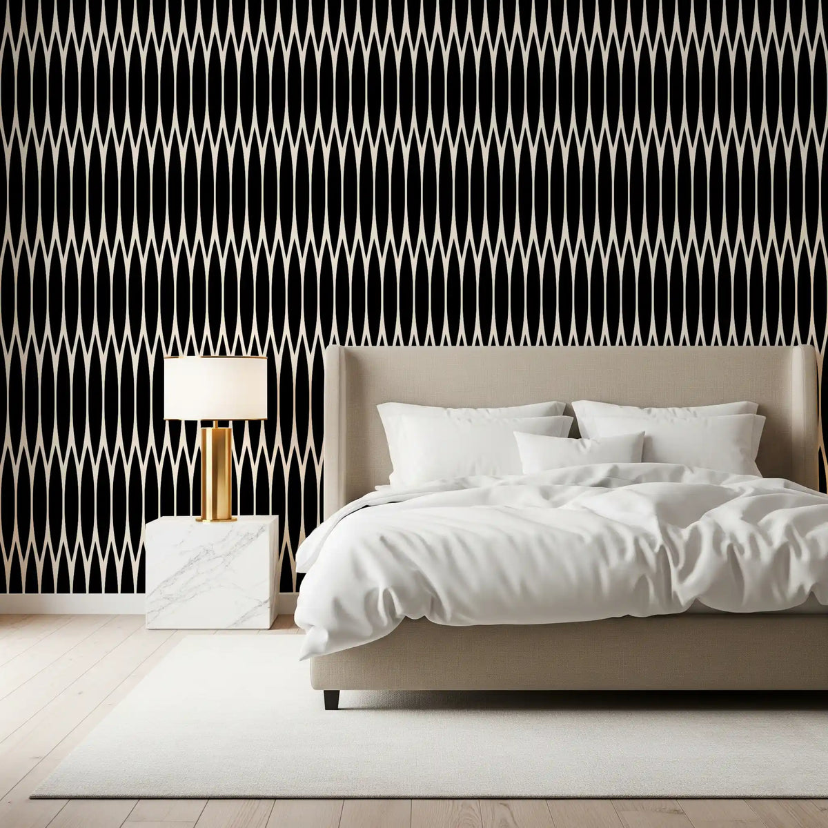Ribbed black motifs wrap a bedroom in this Minimalist Arch Lattice wallpaper GD12234