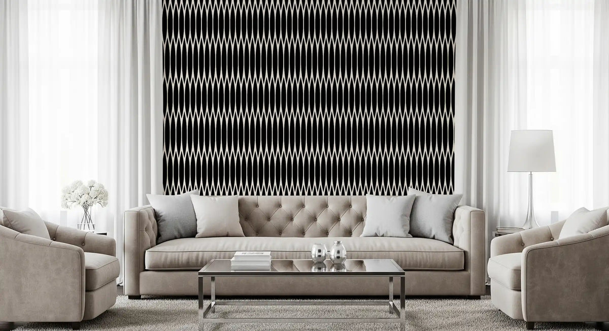 Fluted black columns back a living room in the Minimalist Lattice wallpaper GD12234