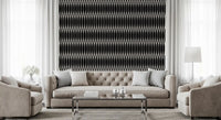 Fluted black columns back a living room in the Minimalist Lattice wallpaper GD12234