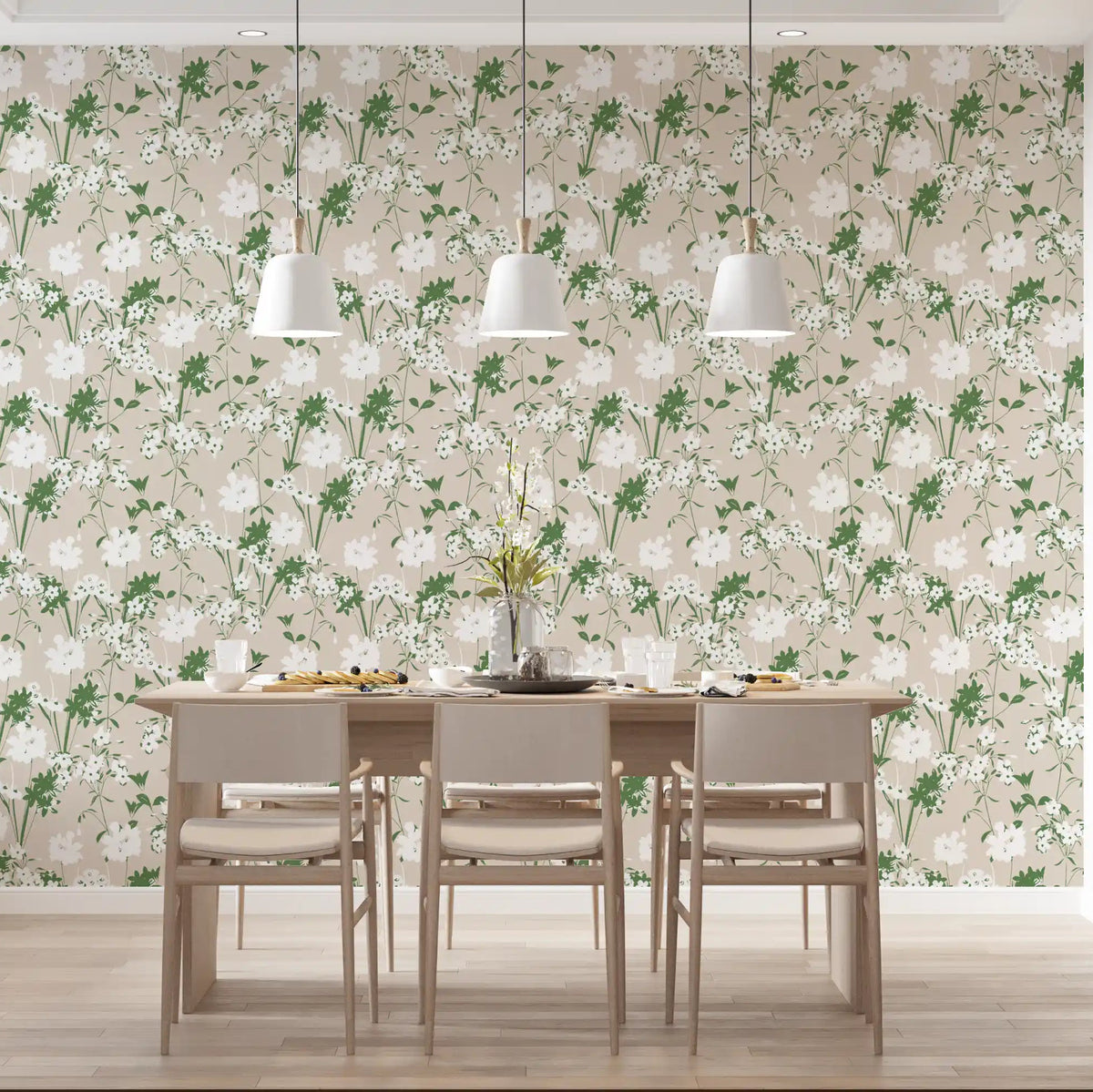 Tossed meadow flowers fill a dining room, a Sage Silhouette wallpaper GD12237
