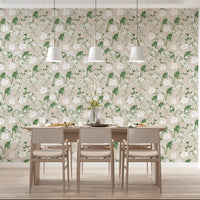 Tossed meadow flowers fill a dining room, a Sage Silhouette wallpaper GD12237
