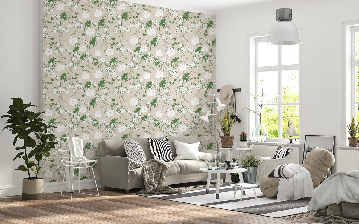 Silhouetted stems and blooms back a living room on this Sage Meadow wallpaper GD12237
