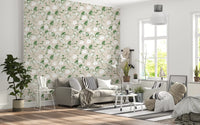Silhouetted stems and blooms back a living room on this Sage Meadow wallpaper GD12237
