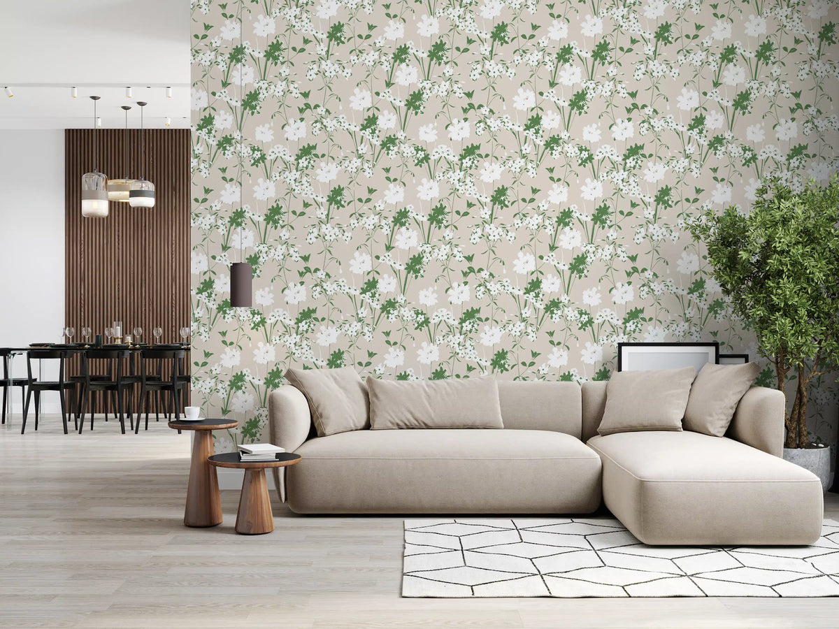 Flowering sage and white blooms wrap a living room on this Minimalist wallpaper GD12237

