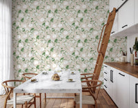 Sprinkled florals cover a dining room in the Sage Meadow wallpaper GD12237