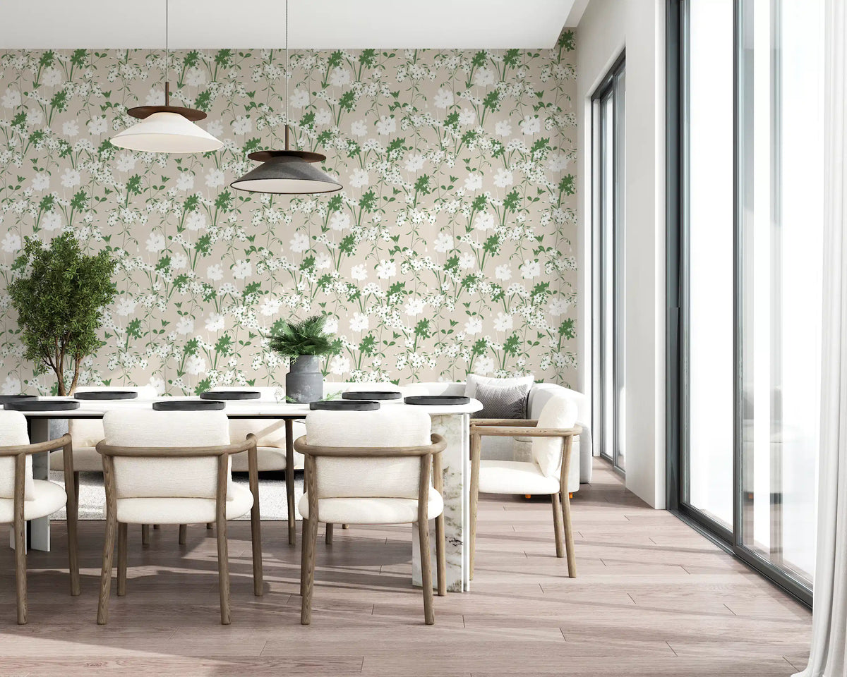 Pressed-flower shapes pattern this Minimalist Sage Meadow Silhouette wallpaper GD12237
