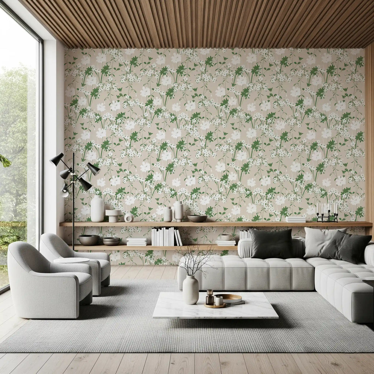 Daisies and slim stems dot this Minimalist Sage Meadow wallpaper GD12237
