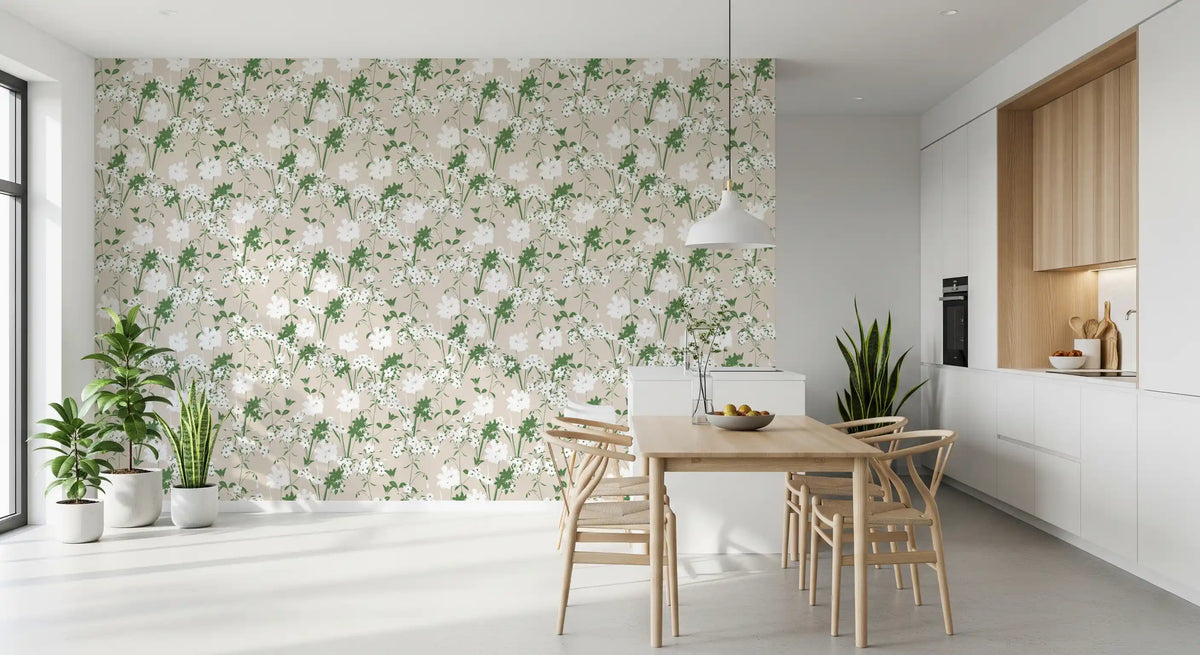 Strewn sage blooms wrap a dining area  on this Minimalist Meadow Silhouette wallpaper GD12237
