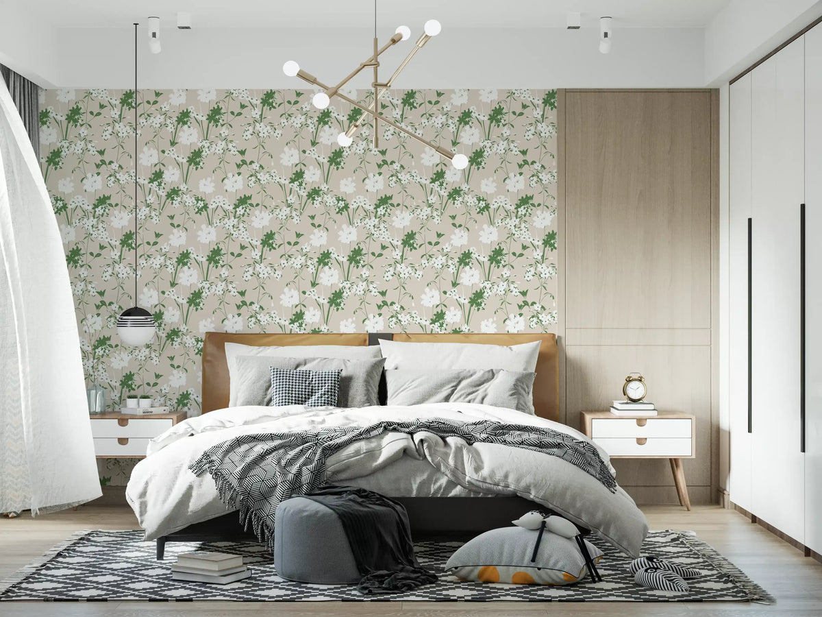Fresh white flowers line a bedroom area in the Minimalist Meadow wallpaper GD12237
