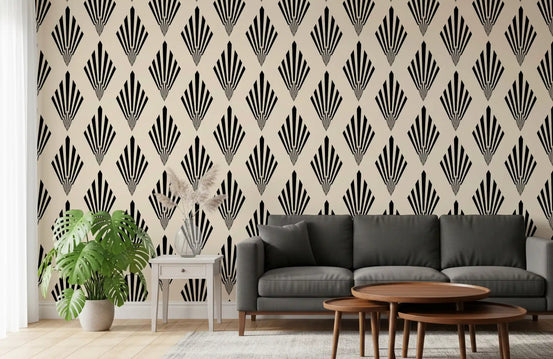 Fan motifs repeat behind a hallway on this Geometric Deco wallpaper GD12239