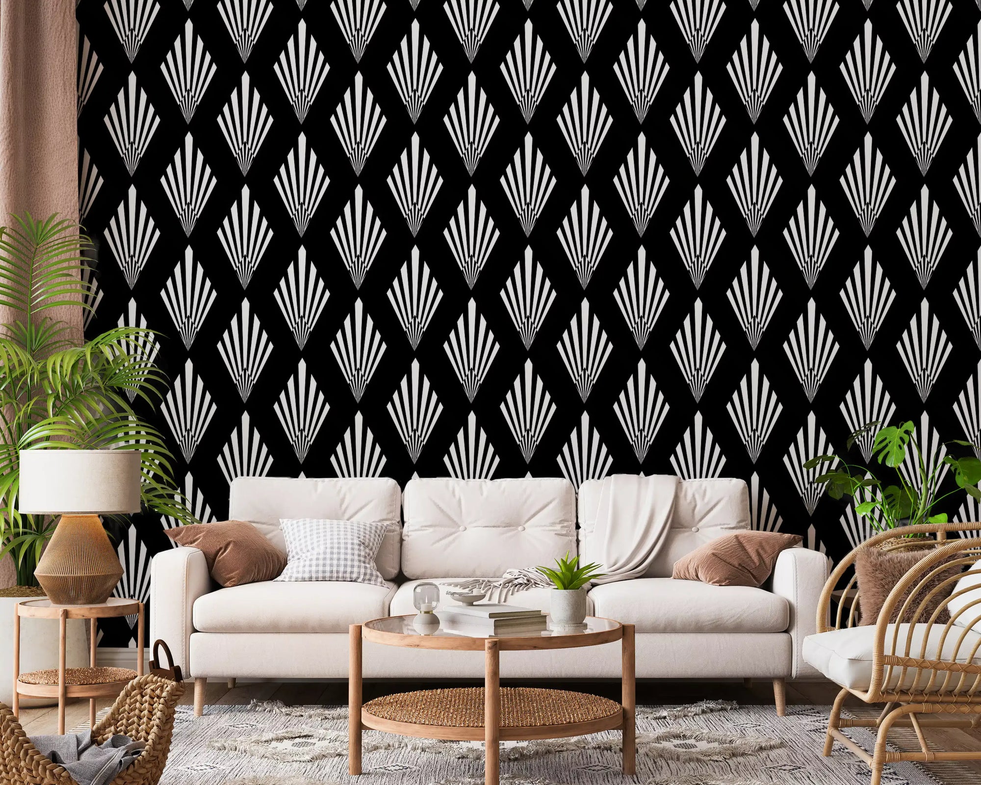 Silvery fans glow over black behind a living room on this Monochromatic wallpaper GD12240
