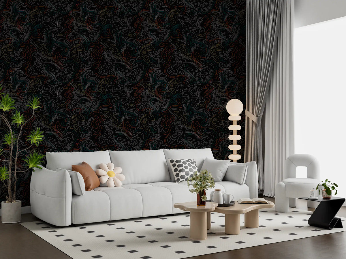 Restful living room set against the topographic flow wallpaper GD12241
