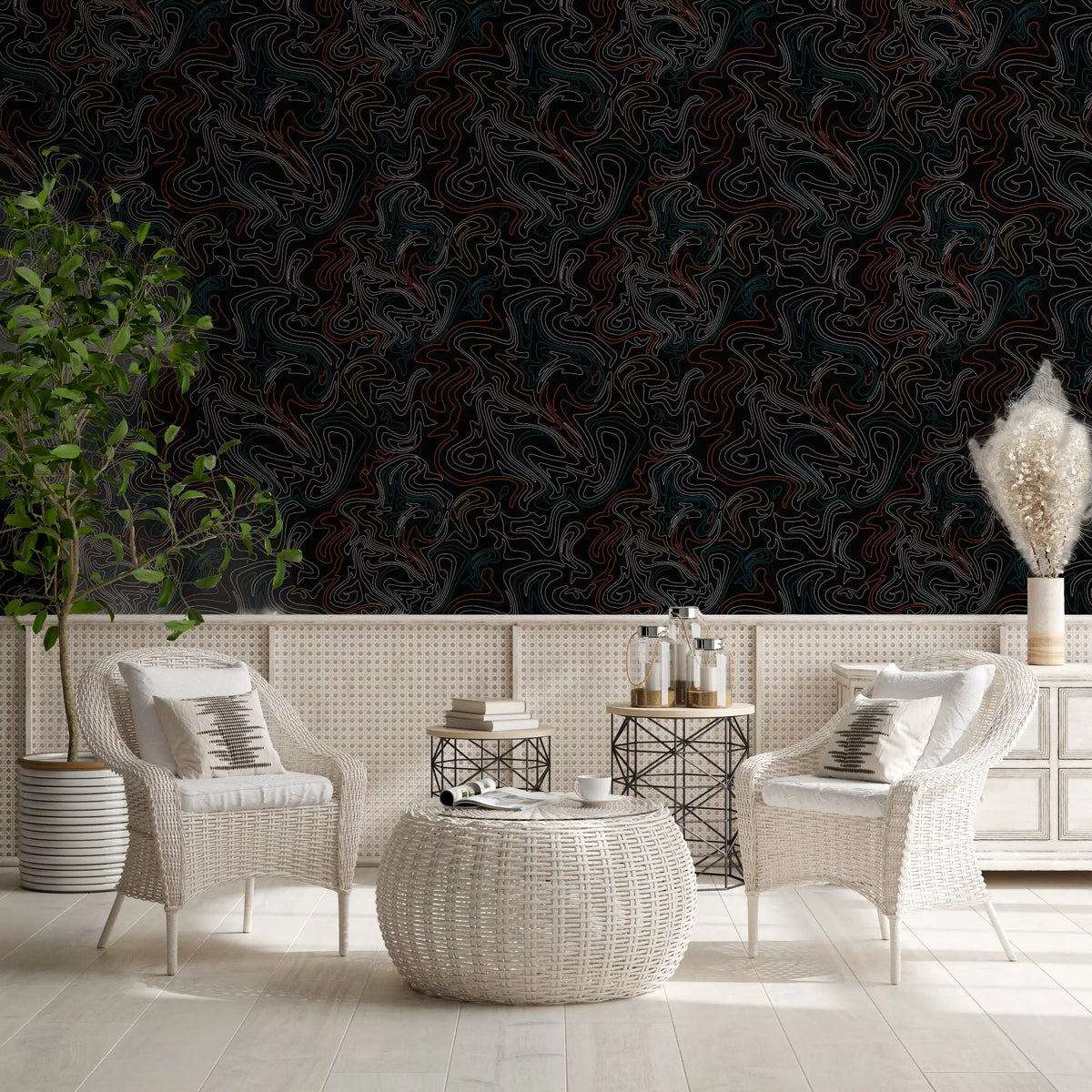 Flowing lines wrap a lounge as minimalist contour wallpaper GD12241
