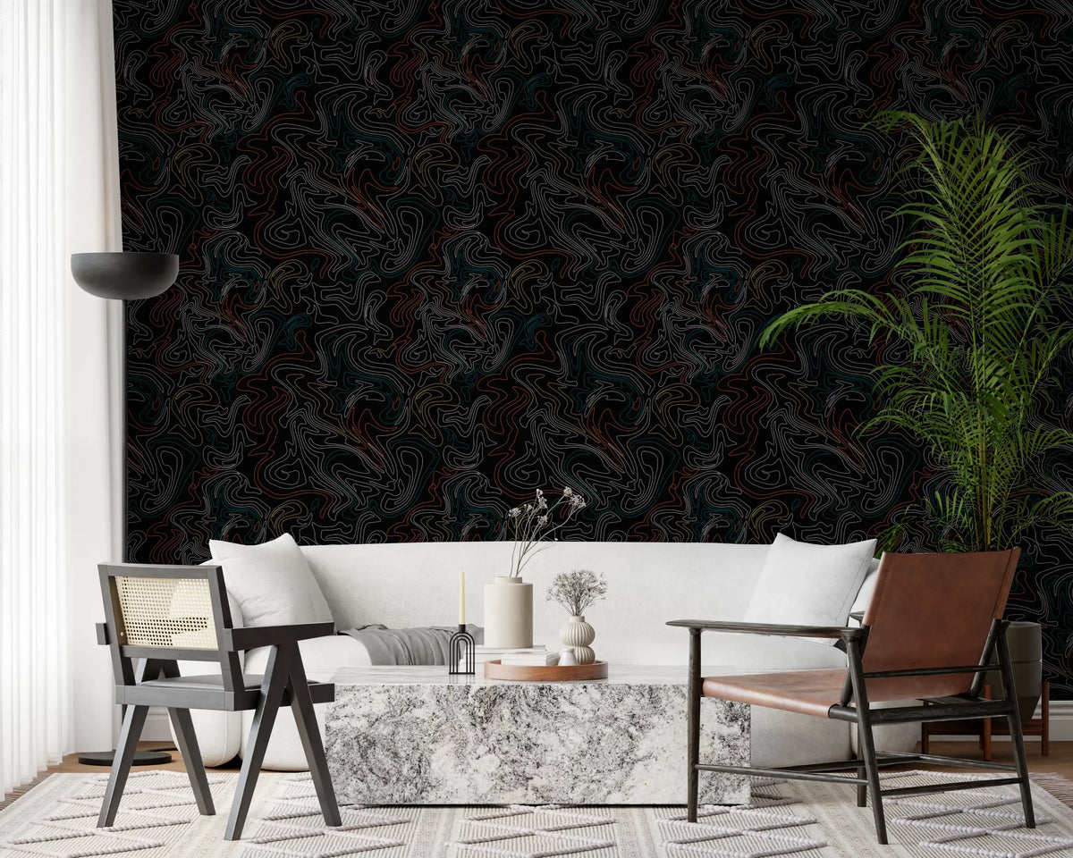 Dark contour lines fill a hallway in the topographic wallpaper GD12241
