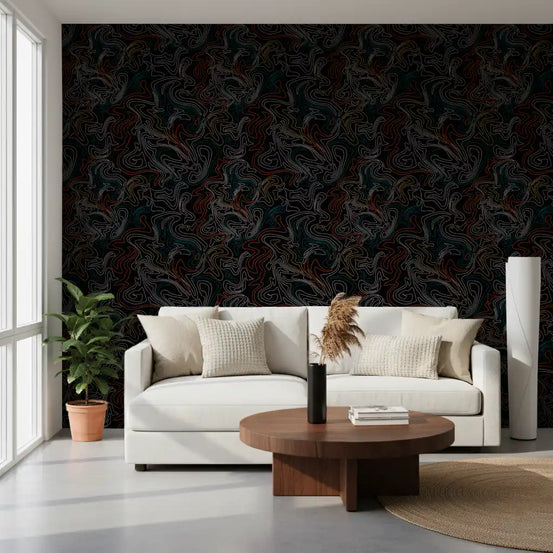 Hallway styled with the minimalist topographic flow wallpaper GD12241
