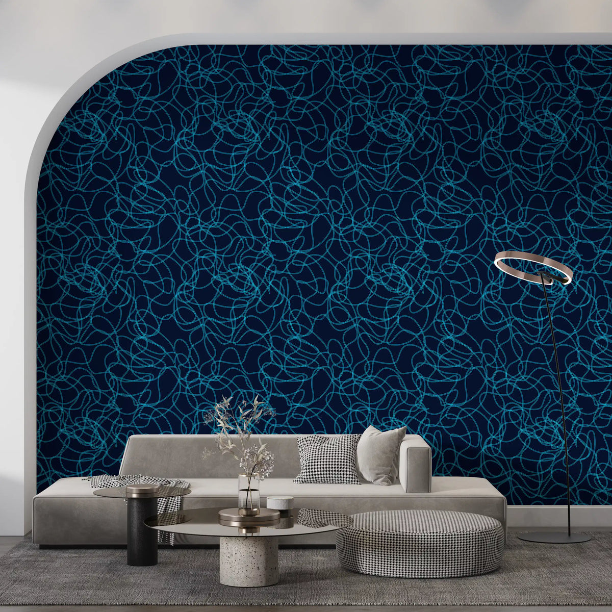 Fluid teal lines fill a living room, a Navy Scribble wallpaper GD12242
