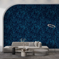 Fluid teal lines fill a living room, a Navy Scribble wallpaper GD12242

