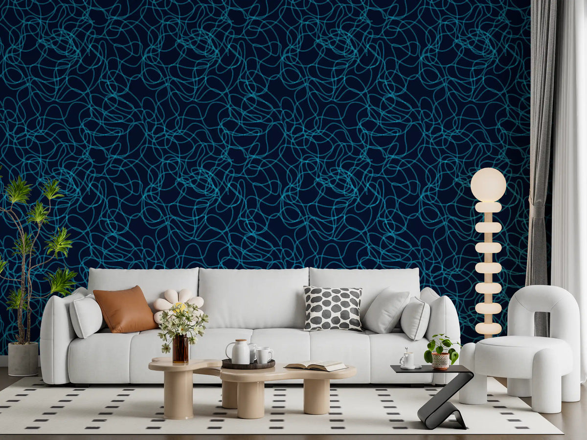 Doodled teal lines cover this Navy Fluid Scribble wallpaper GD12242
