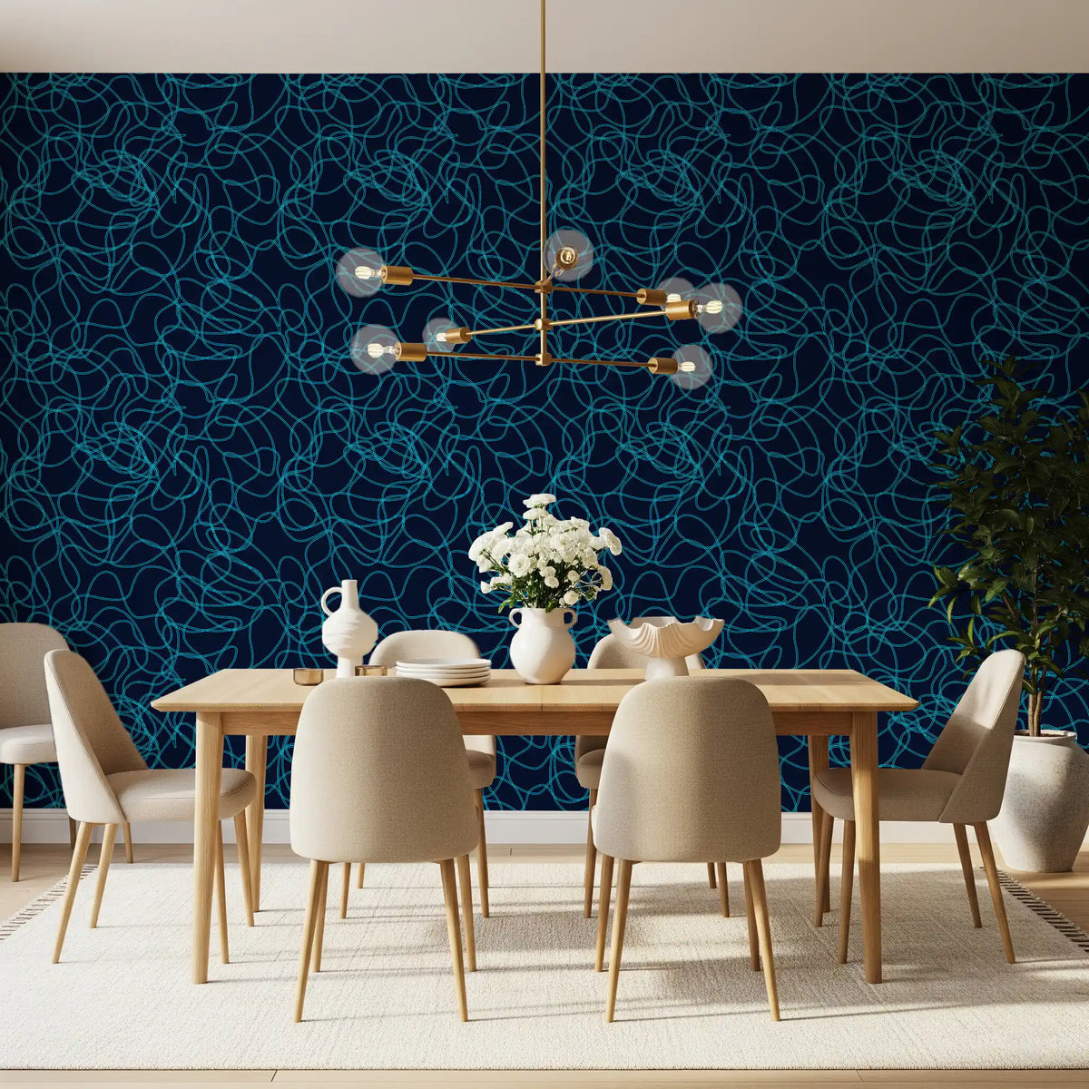 Squiggly teal lines loop over navy on this Fluid Scribble wallpaper GD12242
