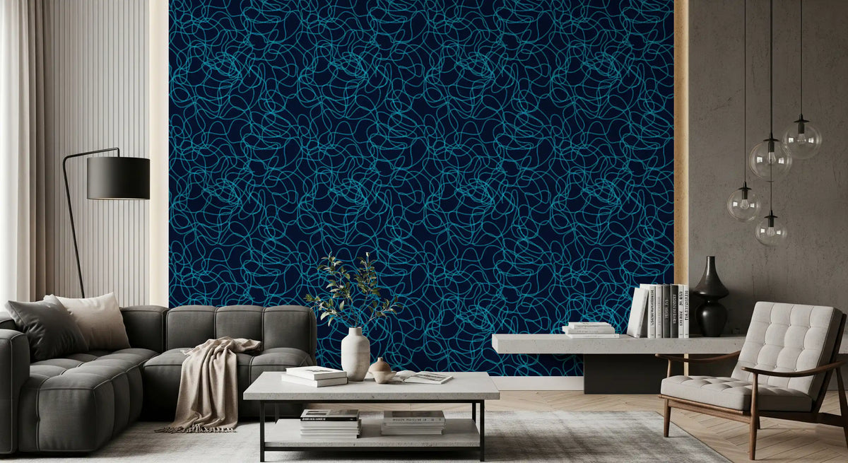 Inky scribble lines wrap a lounge and living room in this Navy Fluid wallpaper GD12242
