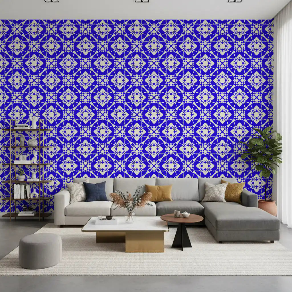 Symmetrical motifs build the geometric cobalt wallpaper GD12243

