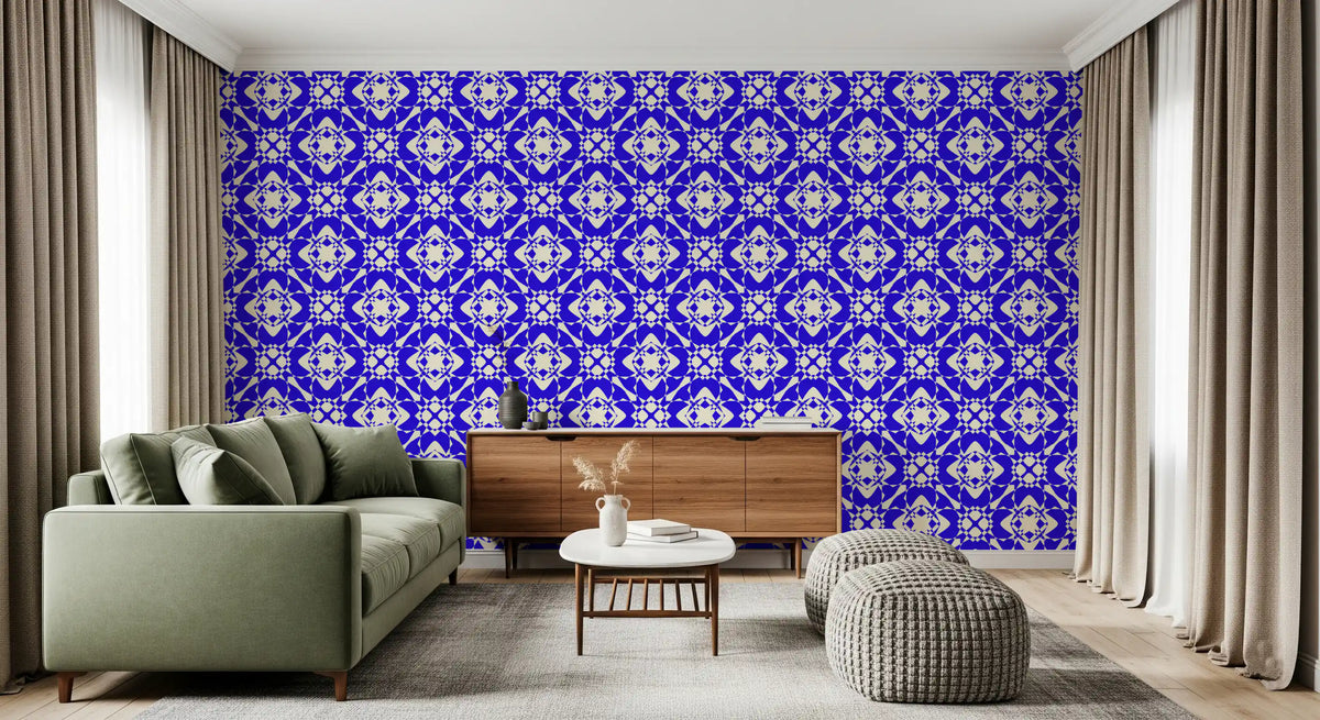 Vivid medallions lock across a living room as geometric wallpaper GD12243
