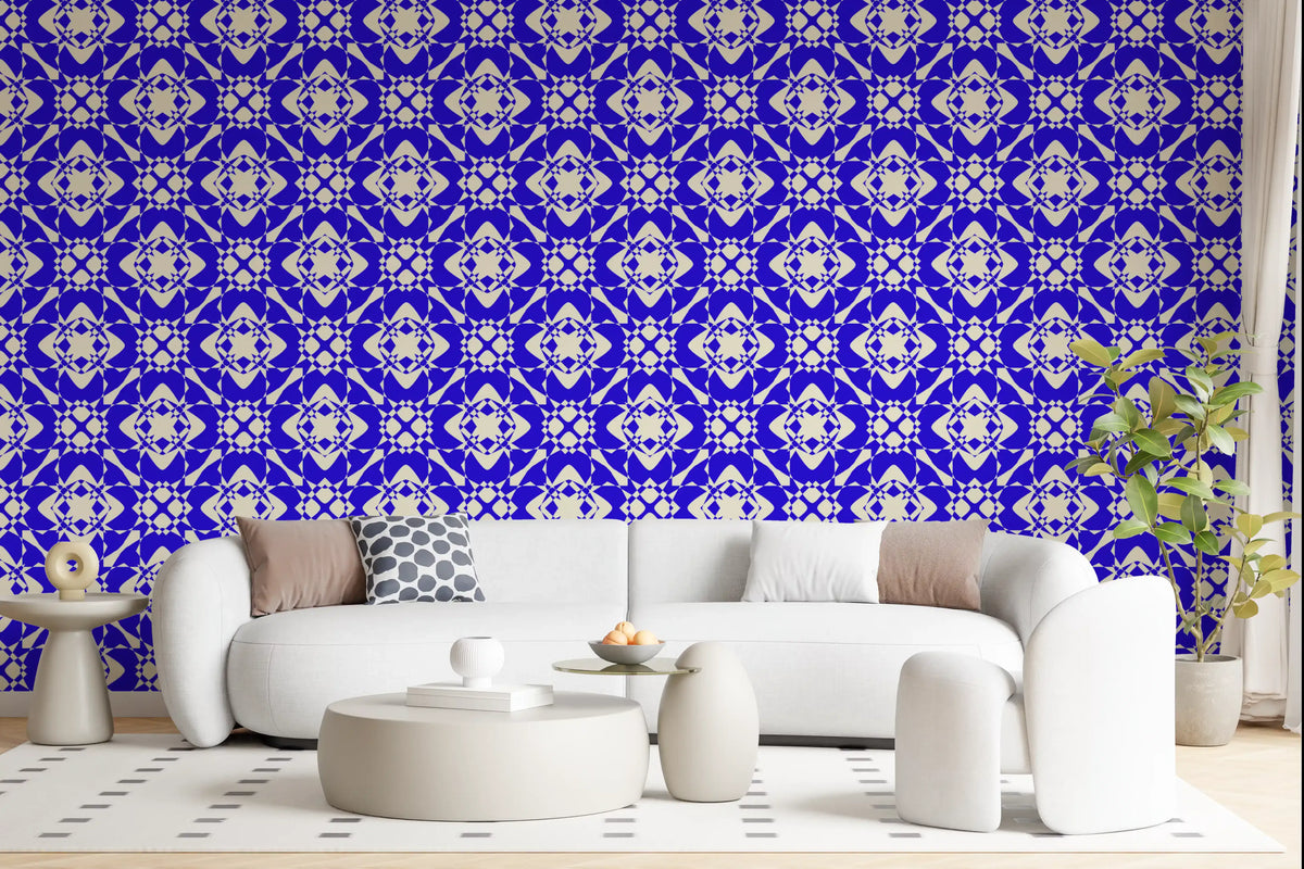Pale ivory lifts the deep blue on this geometric wallpaper GD12243
