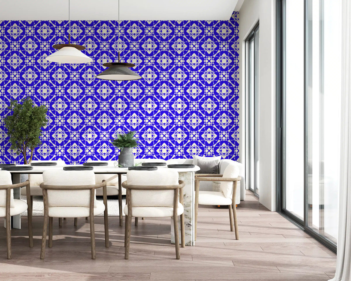 Cobalt medallions lock across the Geometric Cobalt Interlocking Wallpaper GD12243
