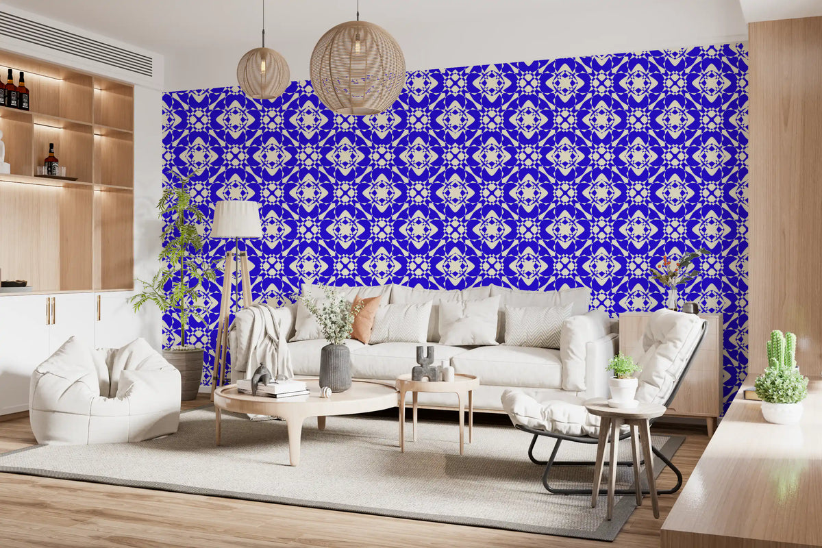 Tiled cobalt repeat lines a lounge in the interlocking wallpaper GD12243