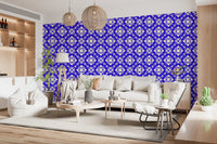 Tiled cobalt repeat lines a lounge in the interlocking wallpaper GD12243