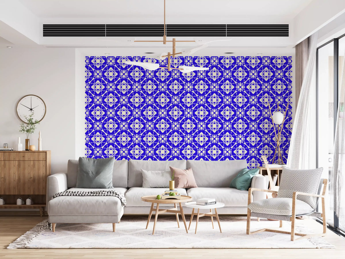 Patterned tiles fill a living room in the interlocking wallpaper GD12243
