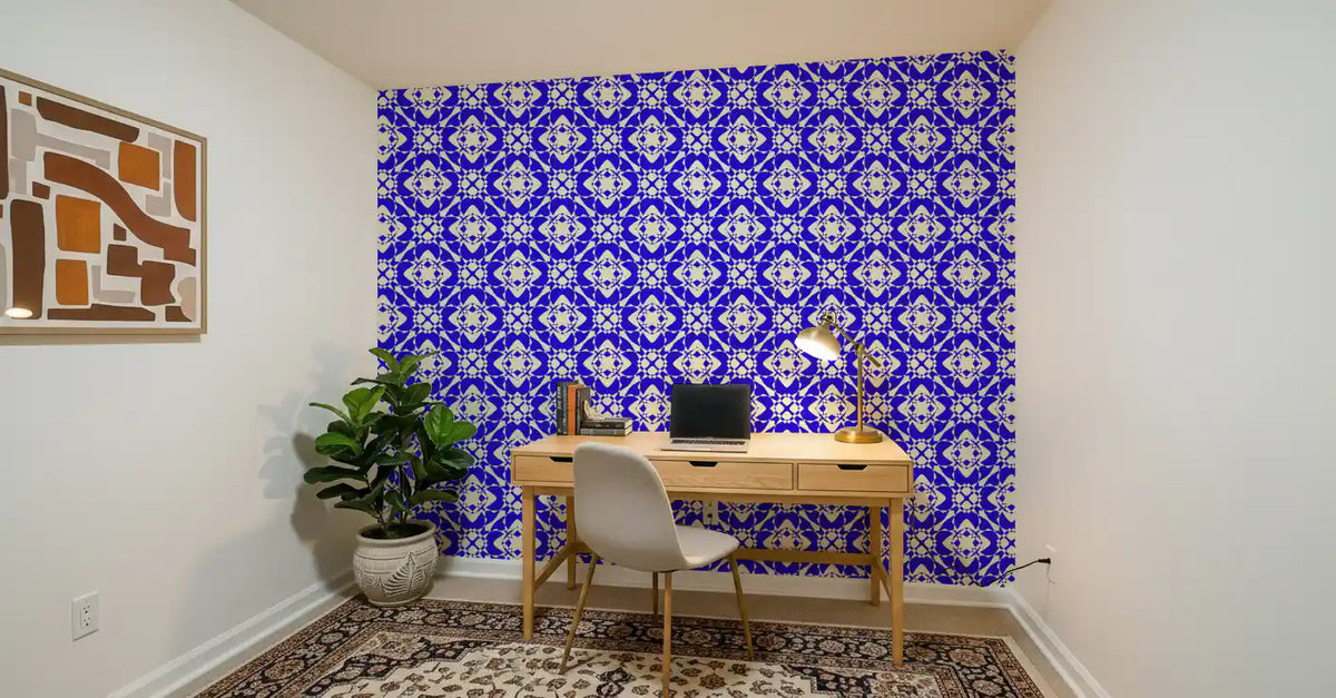 Blue tiles repeat over ivory on the interlocking wallpaper GD12243
