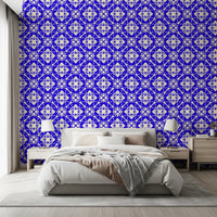 Bedroom styled with the geometric cobalt interlocking wallpaper GD12243
