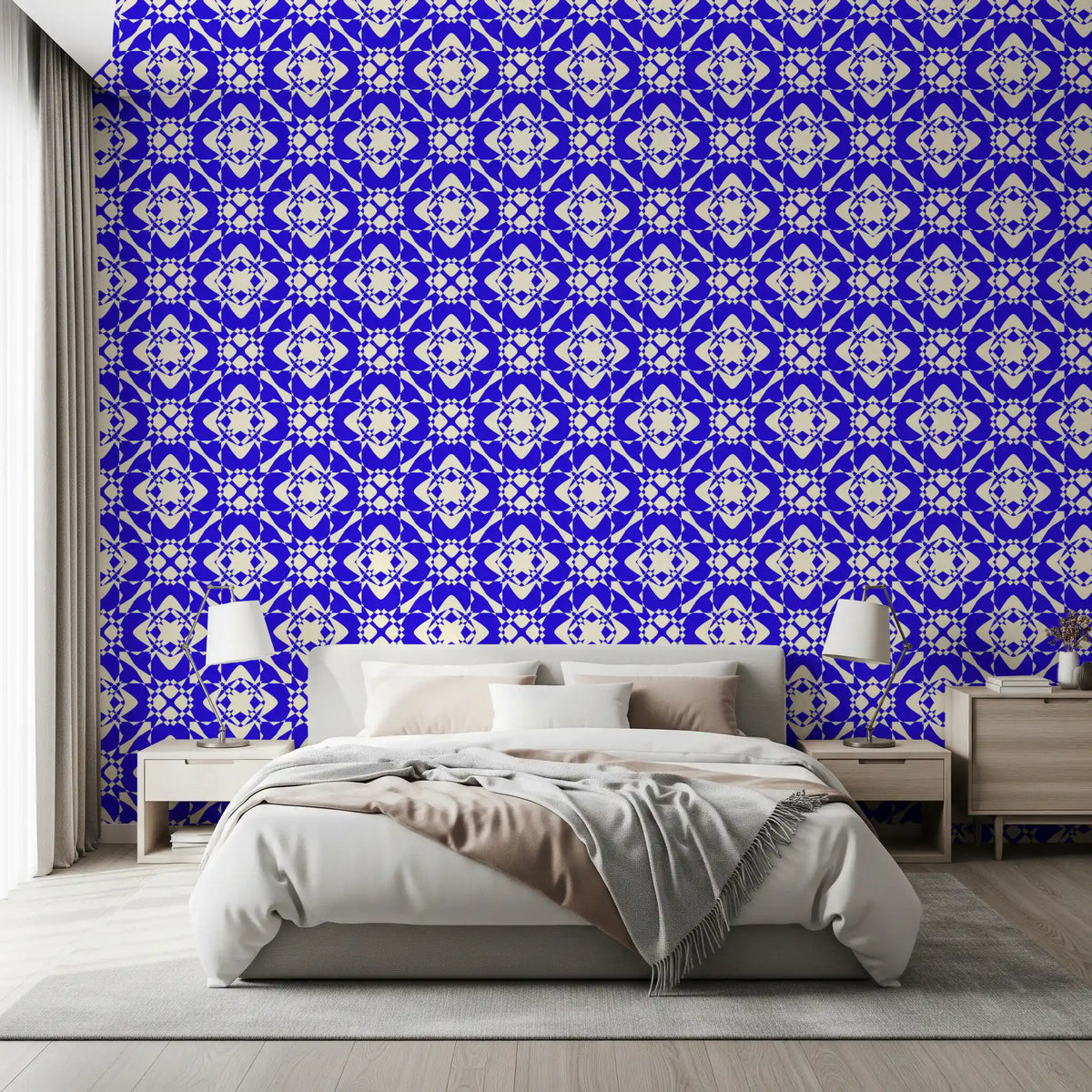Bedroom styled with the geometric cobalt interlocking wallpaper GD12243
