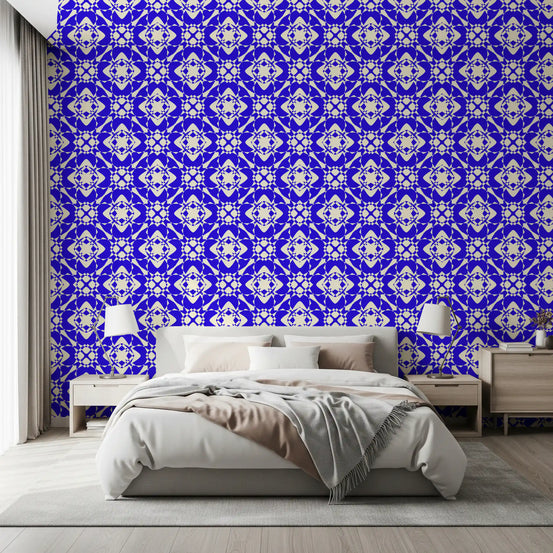 Bedroom styled with the geometric cobalt interlocking wallpaper GD12243
