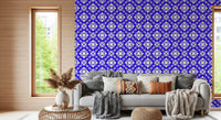 Rich blue motifs wrap a living space in the geometric wallpaper GD12243

