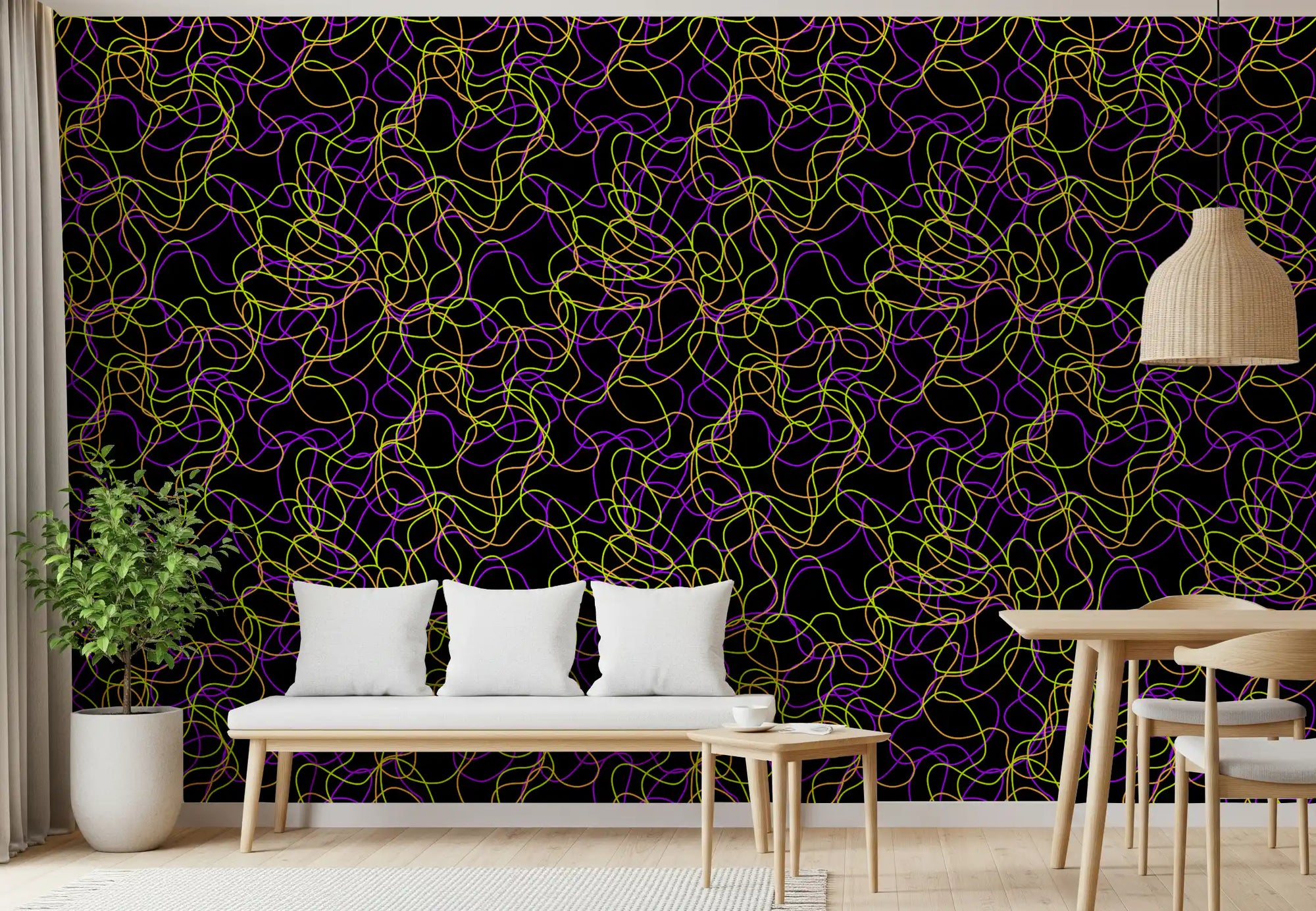 Glowing tangled wallpaper giving a dining room a bold, dark backdrop GD12246