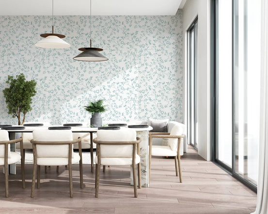 Sketched blue floral wallpaper behind a calm dining room GD12247
