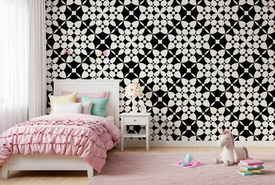 Curved black and white wallpaper giving a kids' room a bold look GD12248
